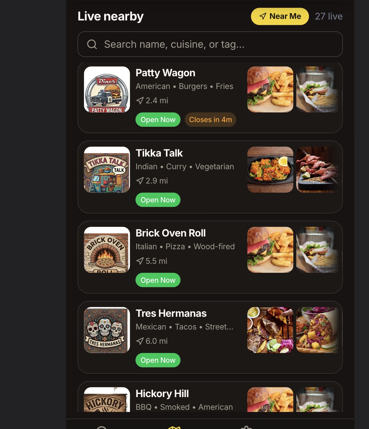 TrukPlate live-nearby search results with vendor photos and availability