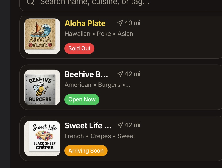 TrukPlate food truck result cards showing cuisine, distance and current status